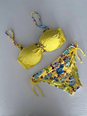 Kadın Sarı Taş Işlemeli Astarlı Bikini Takım HZL25S-LC208