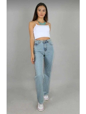 ByCukurovaFrango Lovely 90's Kar Yıkama Mavi Süper Yüksek Bel Kadın Salaş Jeans Palazzo (1 Beden Büyük Alınız)