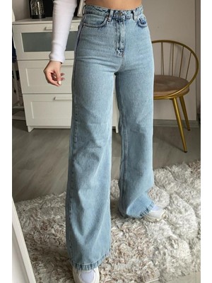 ByCukurovaFrango Gabrielle Mavi Kar Yıkama Power Likralı Süper Yüksek Bel Salaş Jeans Palazzo Pantolon 2024