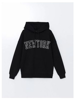 Xsıde siyah New York Baskılı Oversize Kadın Kalın Hoodie