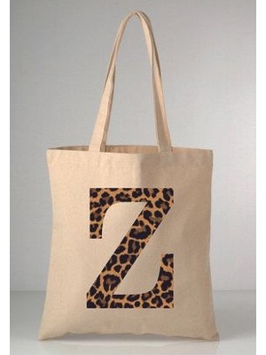 Leopar Desenli Z Harfi Baskılı Ham Bez 35X40 Ekru Omuz Çantası