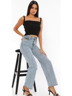 ByCukurovaFrango James Kadın Mavi Kar Yıkama Salaş Süper Yüksek Bel Likralı Bol Paça Denim Kot Pantolon