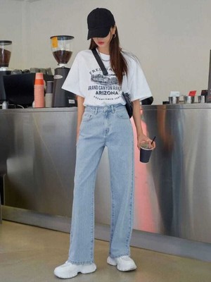 ByCukurovaFrango Kadın Tiger Mavi Kar Yıkama Yüksek Bel Bol Paça Denim Kot Pantolon- Salaş Pantolon 2024