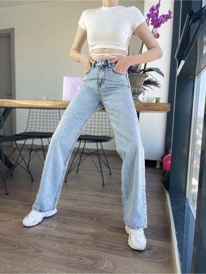 ByCukurovaFrango 90's Buz Mavi Kar Yıkama Mavi Likralı Süper Extra Yüksek Bel Palazzo Salaş Jean Pantolon