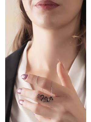 925 Ayar Rodyum Kaplamalı Siyah Taşlı 3 Kalp Gümüş Kolye