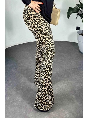 Qimya Butik Kadın Çelik Örme Beli Lastikli En Boy Full Likra Ispanyol Paça Leopar Desenli Pantolon