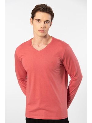 Cacharel Erkek Modal Pamuk V Yaka T-shirt 2243/Mercan