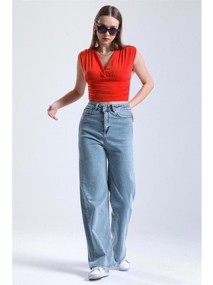 ByCukurovaFrango Benjamin Julia Kadın Yüksek Bel Mavi Kar Salaş Kot Pantolon Likralı