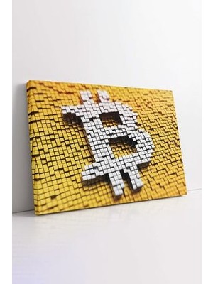 Sarı Tonlarda Bitcoin Temalı Yatay Kanvas Tablo, Kripto Para  Coin Ofis Antre Için Duvar Dekoru
