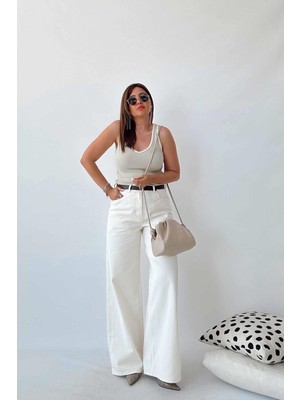 ByCukurovaFrango Penolope Kadın Krem Rengi Yüksek Bel Wide Leg Jean