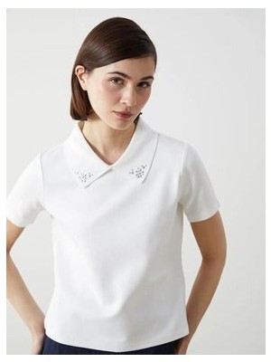 Lcw Vision Ekru Polo Yaka Taşlı Kadın Tişört