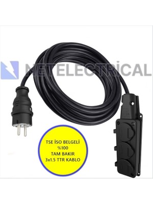 Netelectrical Kauçuk 3'lü 4 Metre Topraklı Grup Priz - 3x1.5 Ttr Tam Bakır Siyah Kablo