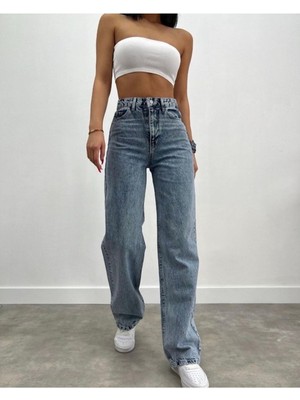 ByCukurovaFrango Zero Max Power Likralı Kadın Mavi Kar Yıkama Yüksek Bel Salaş Paça Salaş Jans Kot Pantolon