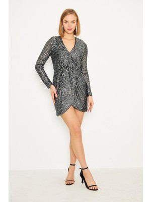 Kruvaze Yaka Gümüş Pul Payet Elbise