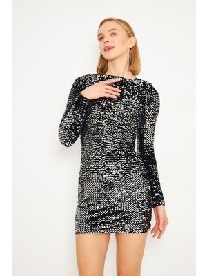 Kadife Gümüş Pul Payet Elbise