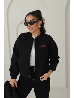 Qimya Butik Keyymod Kadın Ince Vatkalı Kalp Nakışlı Bomber Ceket