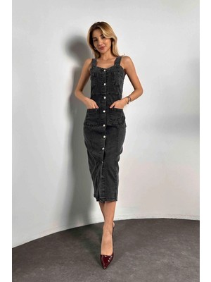 Qimya Butik Sagi Kadın Full Düğmeli Tasarım Askılı Denim Elbise