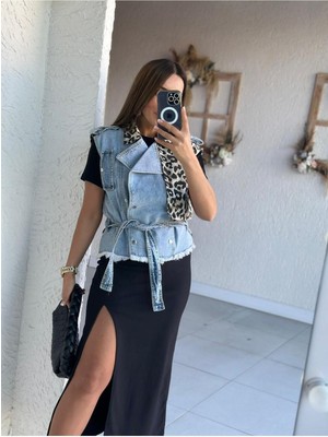 Qimya Butik Jeans Kadın Sırtı Leopar Ön Yarısı Leopar Mixli Jean Yelek