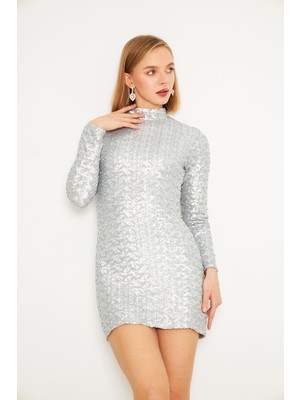 Hakim Yaka Gümüş Pul Payet Elbise