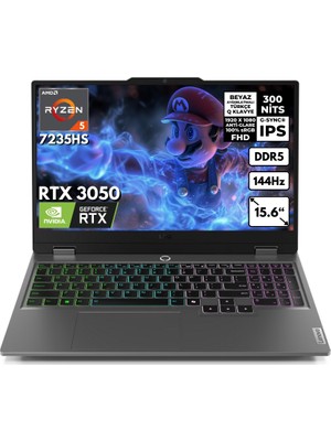 Lenovo Loq Ryzen 5-7235HS 8-GB DDR5 512 Gbssd RTX3050 (6GB-95W) 15.6" Fhd Windows 11 Pro Taşınabilir bilgisayar 83JC000PTRHMF36