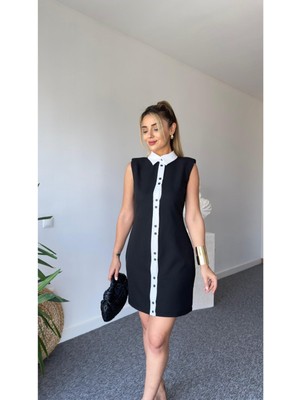 Qimya Butik Keyymod Kadın Renk Bloklu Full Düğmeli Vatkalı Kısa Elbise