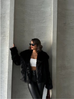 Qimya Butik Robin Kadın Çıt Çıtlı Premium Kısa Oversize Suni Kürk Mont