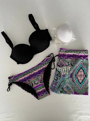 Kadın Siyah Taş Işlemeli Desenli 3 Parça Etekli Bikini Takım HZL25S-LC3326