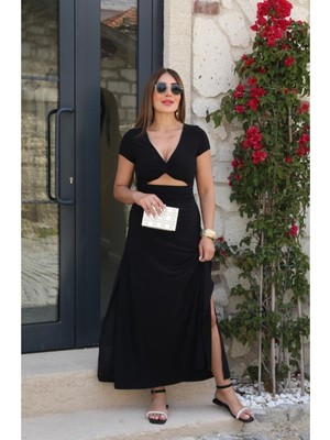 Qimya Butik Kadın Önü Burgulu Yırtmaçlı Kısa Kollu Çan Model Sandy Kumaş Elbise