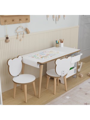 Obi Rulolu Aktivite Masası 2 Panda Sandalyeli Çocuk Çalışma Masası Parlak Beyaz MDF