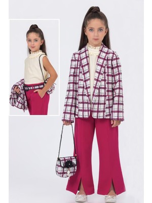 HÇM Kız Çocuk 3 Lü Takım Ceketli Çanta Hediyeli Ekose Desenli A64