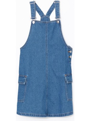 Kare Yaka Kız Çocuk Jean Salopet Elbise