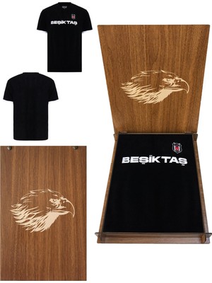 Beşiktaş Lisanslı Siyah T-Shirt Kartal Ahşap Kutulu Yazılı Logolu Unisex Yaz Sezonu