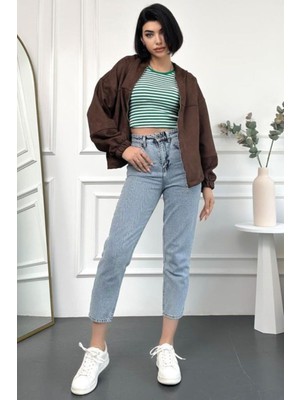 ByCukurovaFrango Kadın Kar Yıkama Mavi Yüksek Bel Yumuşak Dokunuşlu Rahat Kesim Mom Jean 2024