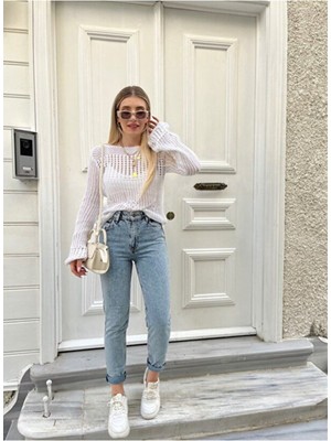 ByCukurovaFrango Yüksek Bel Mavi Mom Jeans Kar Yıkama Likralı Mom Jeans 2024