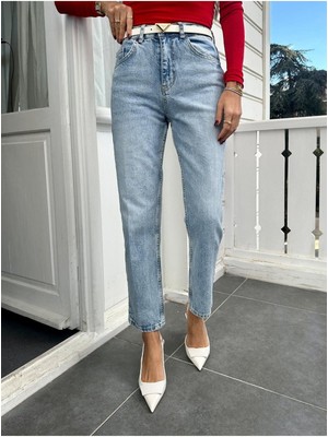 ByCukurovaFrango Leo 90's Dora Kadın Kar Yıkamalı Yüksek Belli Mom Jeas - Boyfriend Kadın Mavi Kot Pantolon