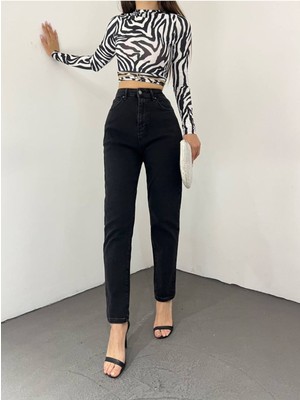 ByCukurovaFrango Yüksek Bel Normal Paça Mom Fit Siyah Kadın Denim Pantolon 2024