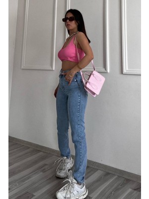 ByCukurovaFrango Leo 90's Doralara Kar Yıkama Mavi Likralı Yüksek Bel Mom Jean Pantolon