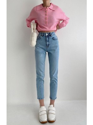 ByCukurovaFrango Mom Jeans Orta Mavi Mom Yüksek Bel Kot Pantolon Likralı Solmaz Ekstra 2024