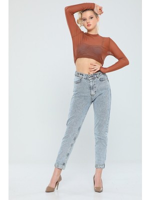 Penolope Kadın Buzmavisi Kadın Ekstra Yüksek Bel Paça Detaylı Mom Jean Pantolon