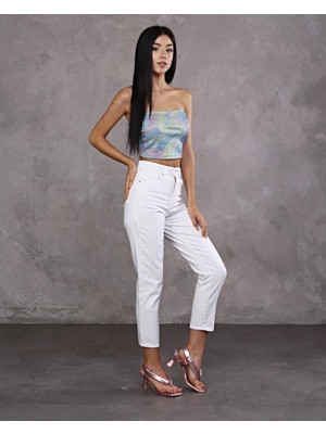 ByCukurovaFrango Kadın Beyaz Denim Kot Pantolon Düğme Detaylı Yüksek Bel Mom Jean New 2024