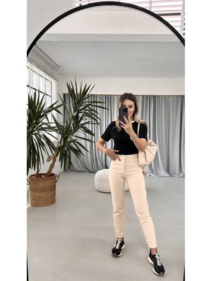 ByCukurovaFrango Lora Super Bej Mom Boyfriend Kot Pantolon Yüksek Bel Esnek 2024