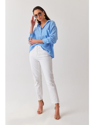 ByCukurovaFrango Beyaz Yüksek Bel Likralı Denim Kumaş Mom Fit Yüksek Bel Jean 2024