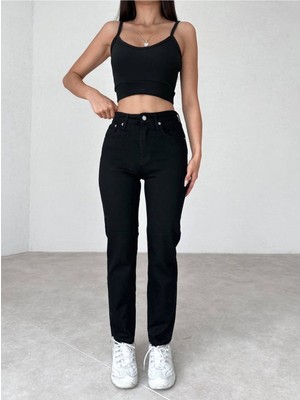ByCukurovaFrango Leo Penelope Kadın Yüksek Bel Siyah Mom Jeans Likralı Esnek Kot Pantolon