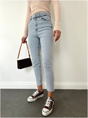 ByCukurovaFrango Leo 90's Dora Penelope Mavi Mom Kot Pantolon Likralı Yüksek Bel Mavi Kar Yıkamalı Mom Jeans