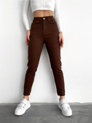 ByCukurovaFrango Penolope Kadın Kahve Yüksek Bel Mom Jean Pantolon