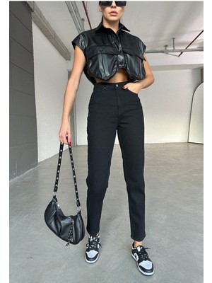 ByCukurovaFrango Siyah Mom Kalıp Motto Jean Pantolon 2024