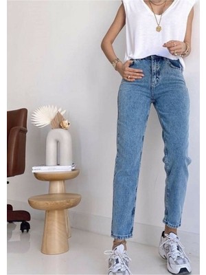 ByCukurovaFrango Yüksek Bel Mavi Mom Jeans Kar Yıkama Likralı Mom Jeans