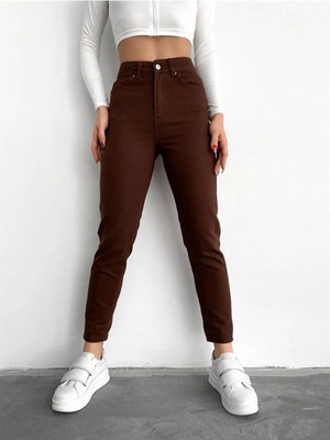 ByCukurovaFrango Kahverengi Mom Jean Yüksek Bel Detay Boyfriend Kot 2024