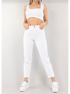 ByCukurovaFrango Kadın Mom Jean Beyaz Yüksek Bel Esnek (Likralı)(Iç Göstermez) 2024