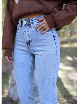 ByCukurovaFrango Leo 90's Kadın Mona Mavi Kar Yıkama Mom Jean Kadın Boyfriend Yüksek Bel Likralı Kot Pantolon